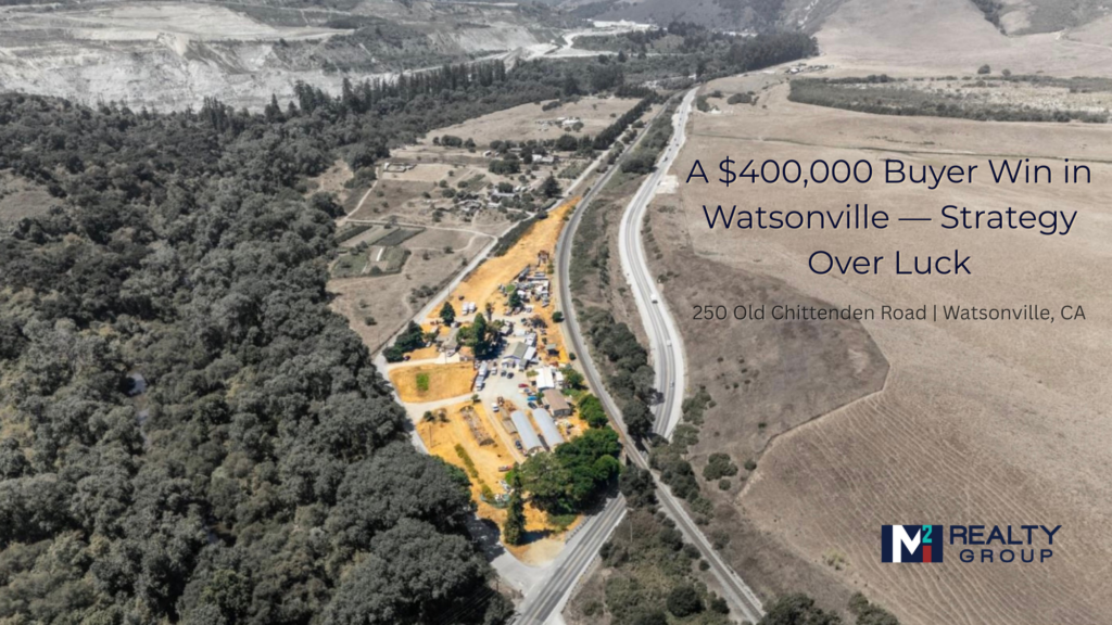 Aerial view of 250 Old Chittenden Road Watsonville where buyer secured property $400,000 below asking through strategic negotiation by M2 Realty Group. Please compress image for performance without reducing clarity.